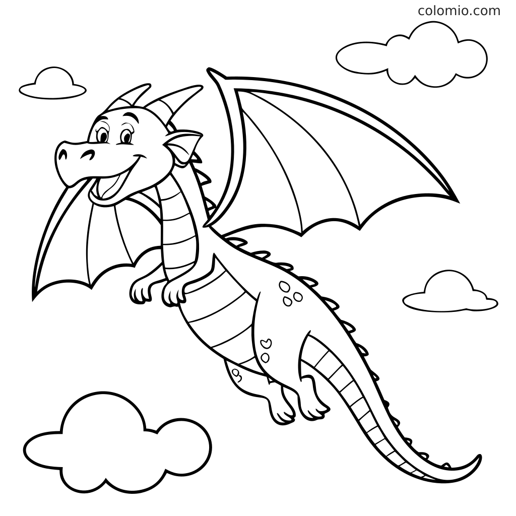 Un dragon souriant avec de grandes ailes, des cornes et une longue queue vole dans le ciel parmi plusieurs nuages.
