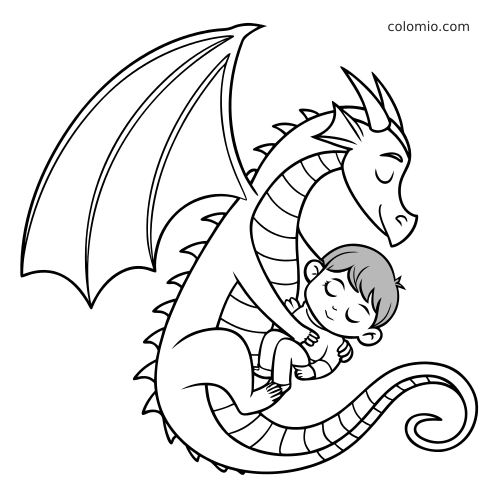 Semplice disegno al tratto di un drago rannicchiato con una grande ala che tiene tra le braccia un bimbo addormentato.