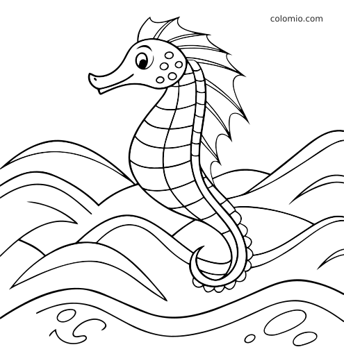 Un semplice drago marino in stile cartone animato, con muso lungo e cresta pinnata, galleggia tra le onde dell’oceano.