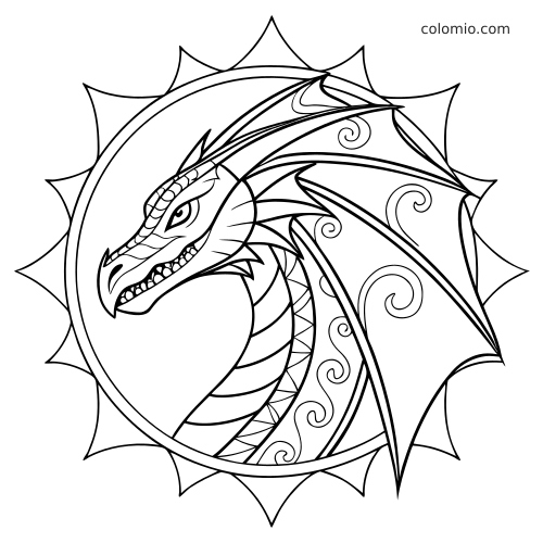 Testa e collo di un drago alato dentro una cornice circolare mandala, con grandi ali e dettagli a spirale.