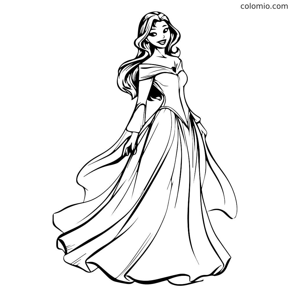 En linjetegning av en elegant prinsesse i en flytende kjole, perfekt for fargelegging.