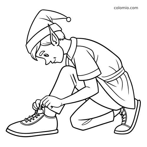 Een elf knielt voorover en strikt de veters van een grote schoen in eenvoudige zwart-witte lijntekening.