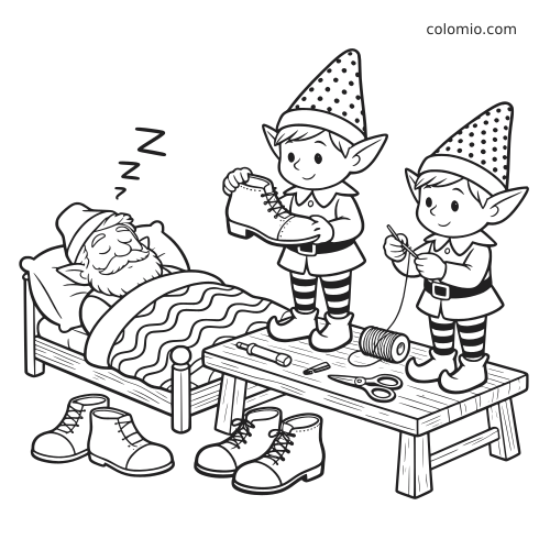 Twee elfjes maken schoenen op een werkbank naast een slapende schoenmaker in bed, met garen, gereedschap en laarzen eromheen.