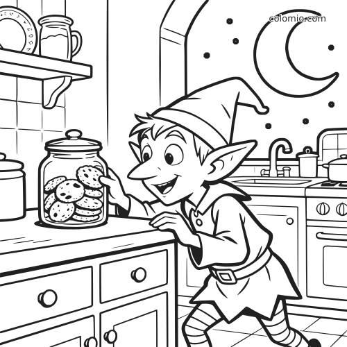 Een huiself pakt 's nachts koekjes uit een glazen pot op het aanrecht, in een keuken met raam, maan en eenvoudige details.