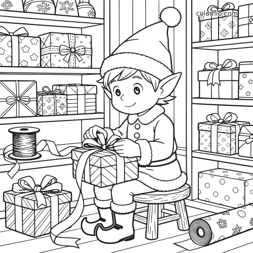Een gedetailleerde kerstelf zit op een kruk en pakt een cadeau in in de werkplaats van de kerstman, omringd door planken vol geschenken en lint.
