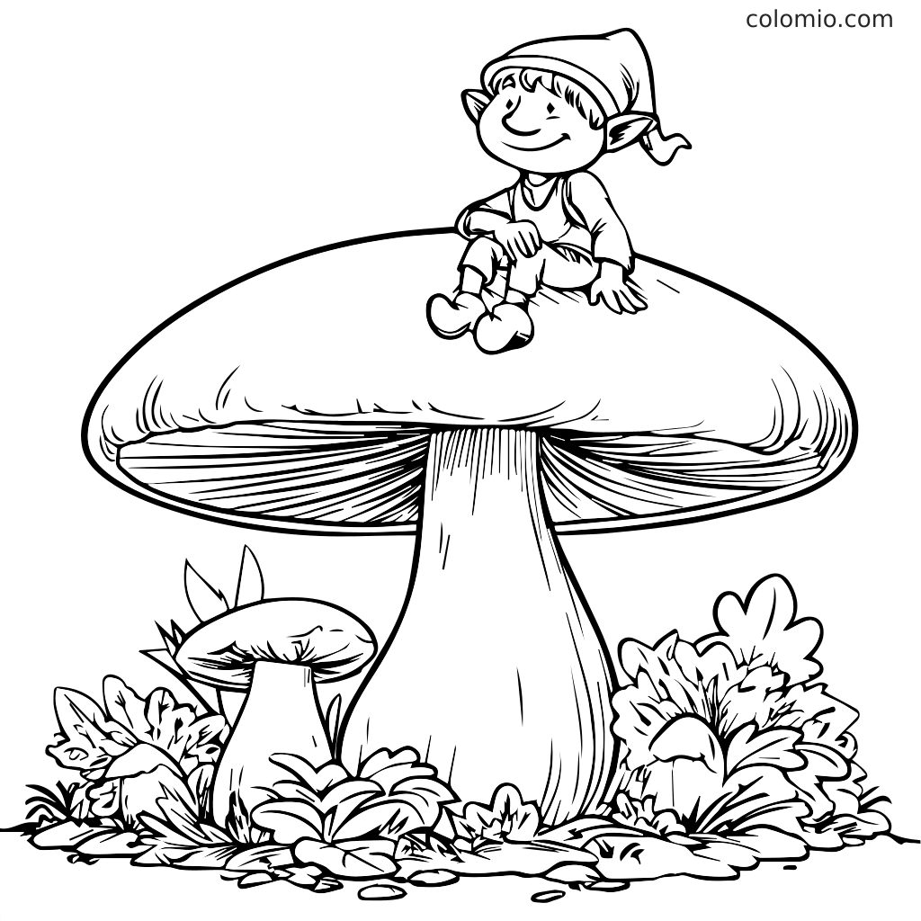 Un elfo allegro è seduto su un grande fungo circondato da piante e funghi più piccoli, pronto per essere colorato.