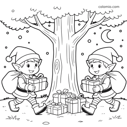Twee glimlachende elfjes dragen ingepakte cadeaus naar een grote boom in de nacht, met een maansikkel en sterren.