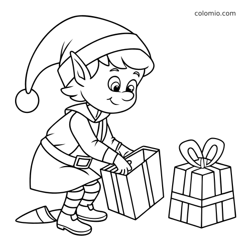 Een eenvoudige kerstelf knielt naast twee cadeaus en pakt een geschenk in, met dikke lijnen en weinig achtergrond.