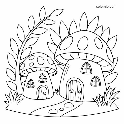 Twee eenvoudige paddenstoelhuisjes in een elvendorp, met planten, gras, een boom en een slingerend pad in dikke lijnen.
