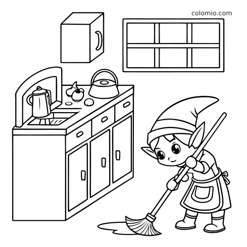 Een eenvoudige tekening van een huiself die 's nachts de keukenvloer dweilt naast een gootsteen, waterkoker en kastjes.