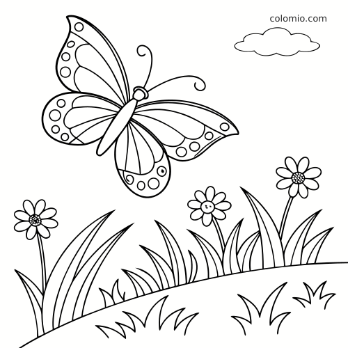 A large butterfly with patterned wings fluttering above a grassy meadow with simple flowers and a small cloud.