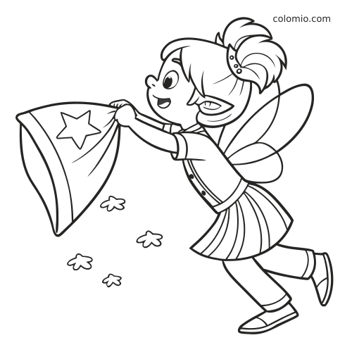 A cartoon tooth fairy flies while holding a pillow, shown in a simple playful style with small stars around her.