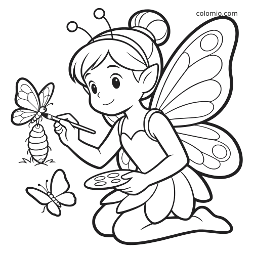 A cute fairy with large wings kneels and paints a newly hatched butterfly beside its cocoon, with another butterfly nearby.