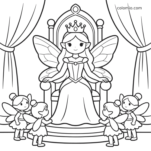 A cute fairy queen with a crown sits on a tall throne while four small fairies attend her on each side.