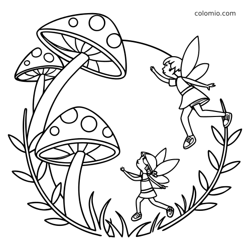 Two cute fairies dance in a circle around tall spotted mushrooms, drawn in a simple cartoon line art style.