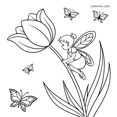 A cute fairy with simple features sits on a large tulip stem, surrounded by butterflies in a clean black-and-white outline.