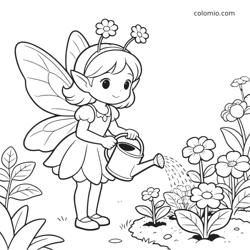 A cute flower fairy with large wings and flower antennae waters blooming plants in an enchanted garden scene.