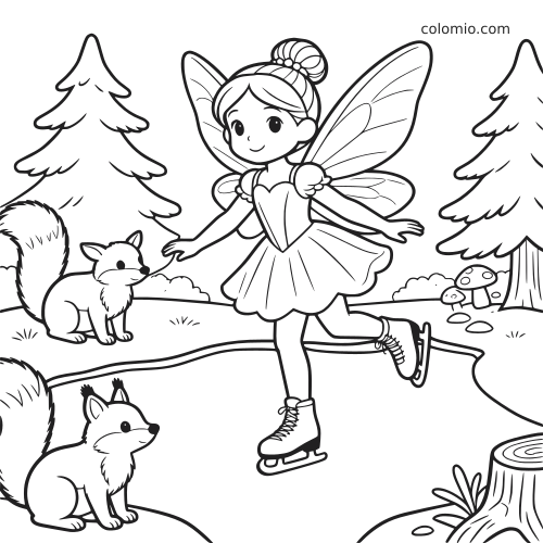 A cute ice fairy with large wings skates on a frozen pond while two squirrels watch in a snowy woodland scene.