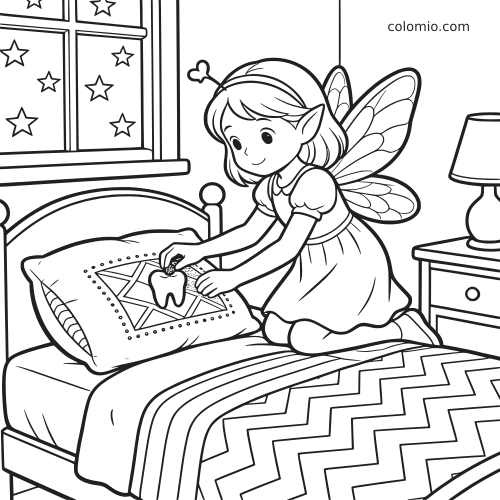A cute tooth fairy kneels on a bed, collecting a tooth from under a pillow in a cozy bedroom scene.