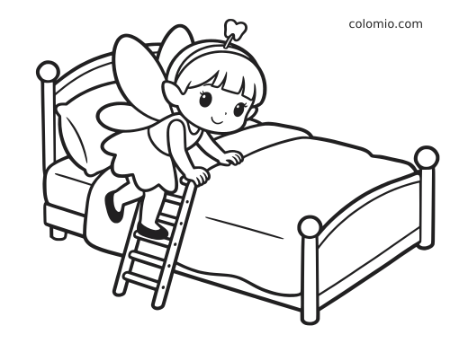 Cute tooth fairy with wings climbing a tiny ladder onto a bed in a simple black-and-white cartoon outline.