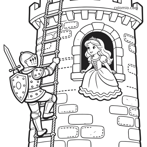 Een ridder klimt via een touwladder omhoog langs een stenen toren, terwijl een prinses in het raam wacht.