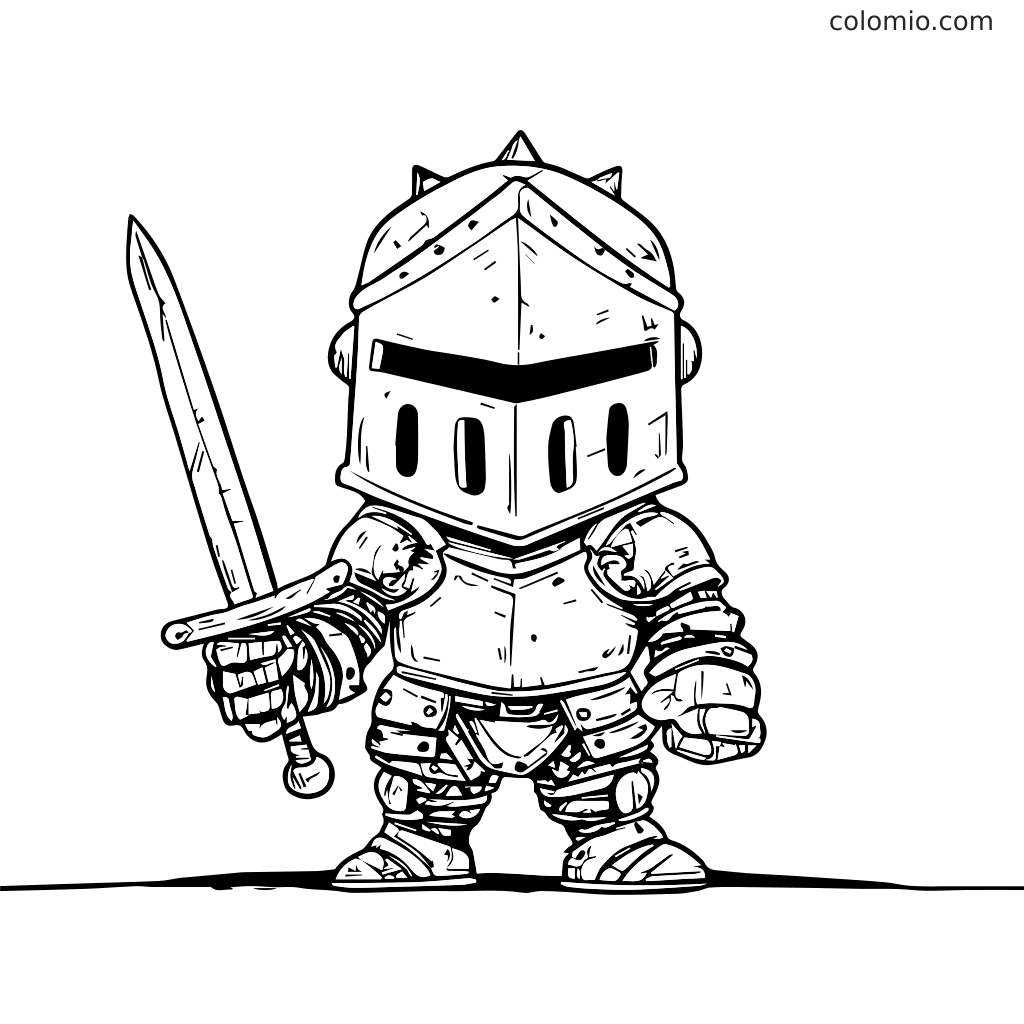 A cartoon knight in armor holding a sword, ready for adventure. Perfect for kids to color.