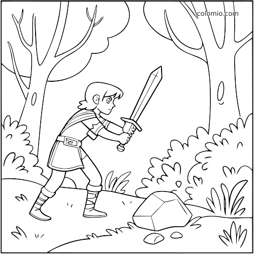 Een jonge held in stripstijl staat in een bos met een zwaard in de hand, naast een steen, bomen en struiken.