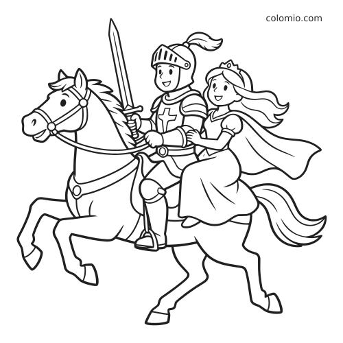 Cartoonridder en prinses rijden samen op een galopperend paard, met glimlachende gezichten en een geheven zwaard.