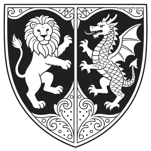 Een gedetailleerd heraldisch schild met een leeuw aan de linkerkant en een draak aan de rechterkant, omringd door sierlijke versieringen.