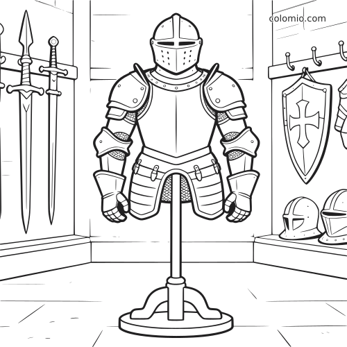 Zwart-witte lijntekening van een gedetailleerd ridderharnas op een standaard in een wapenkamer, met zwaarden, schilden en helmen eromheen.