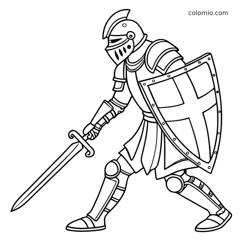 Zwart-witte lijntekening van een gedetailleerde ridder in harnas met helm, zwaard en groot schild met kruis.