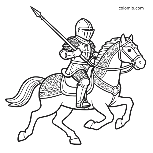 Een gedetailleerde ridder in harnas rijdt op een versierd paard en houdt een opgeheven lans vast in een zwart-witte lijntekening.