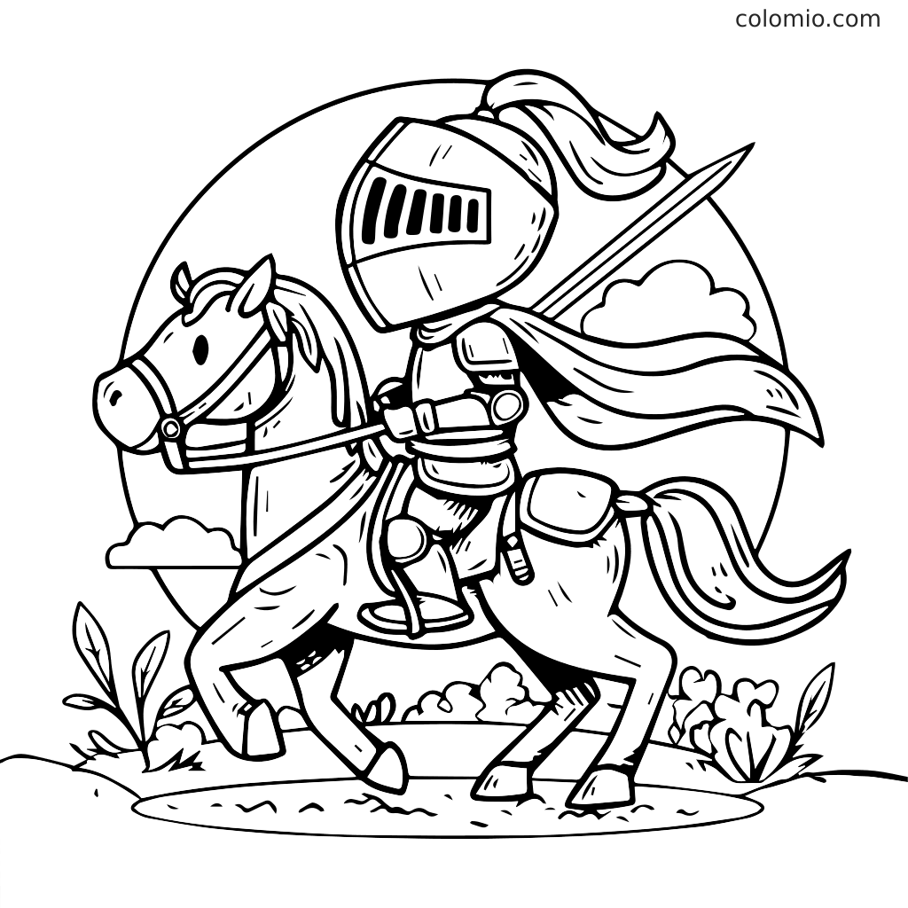 A brave knight in armor riding a horse with a flowing cape, surrounded by clouds and plants.
