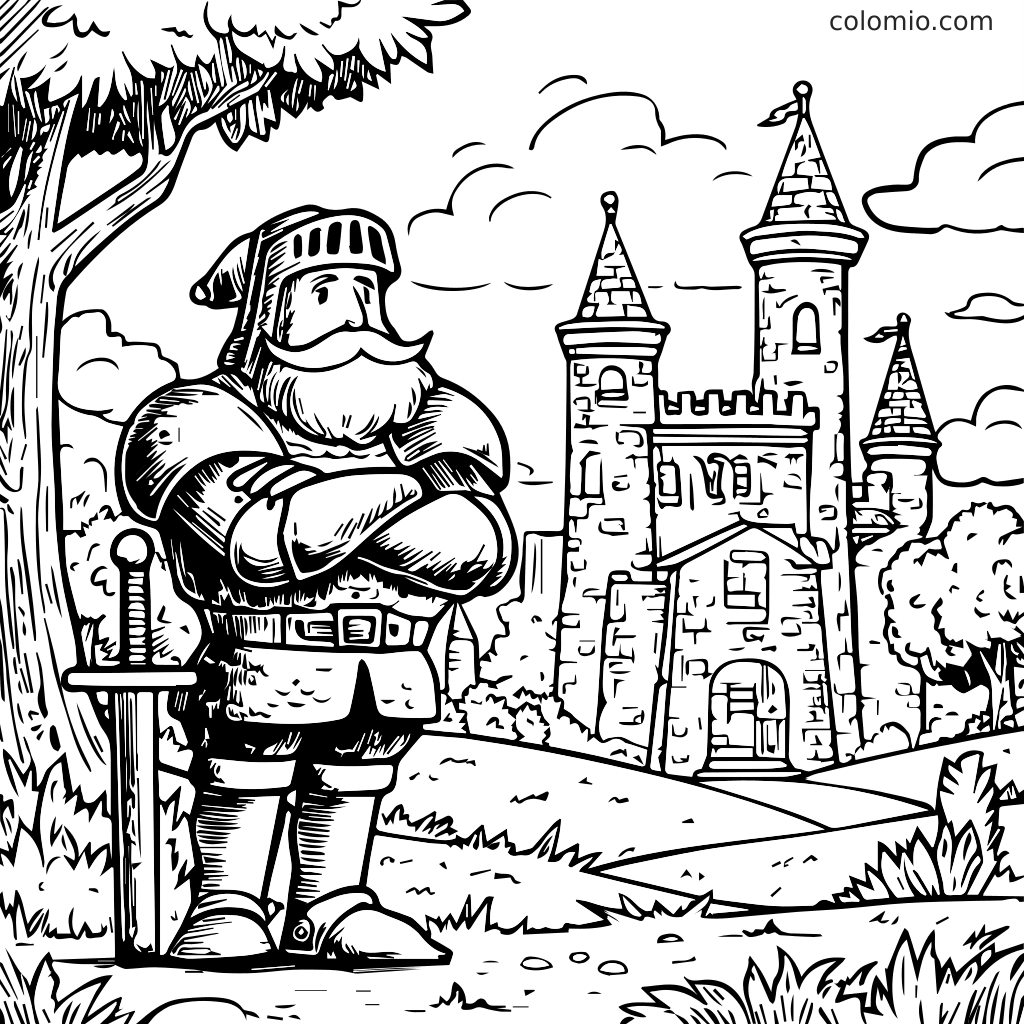 Une page à colorier représentant un chevalier avec une épée se tenant devant un château et des arbres, prêt pour l'aventure.