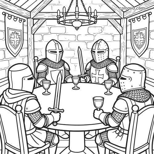 Vier ridders in harnas zitten rond een ronde tafel in een grote zaal, met zwaarden, bekers, banieren en een kroonluchter.