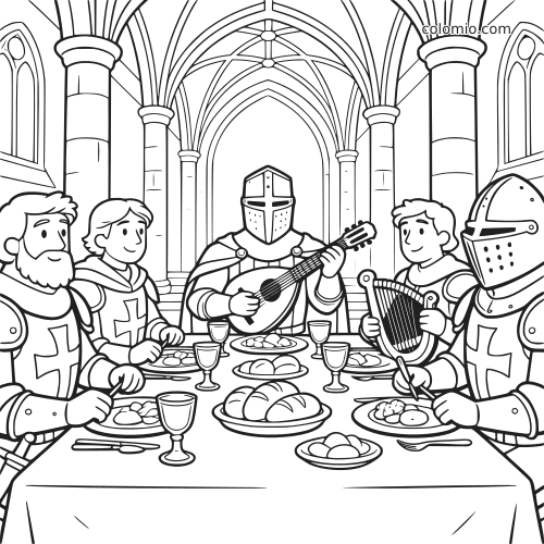 Zwart-witte kleurplaat van ridders die samen eten in een grote zaal, terwijl één ridder luit speelt en een ander een harp vasthoudt.