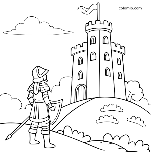 Een ridder in zijaanzicht met schild en speer staat op een heuvel en kijkt naar een hoog kasteel met vlag.