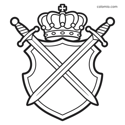 Zwart-witte eenvoudige kleurplaat van een wapenschild met leeg schild, twee gekruiste zwaarden en een grote kroon erboven.