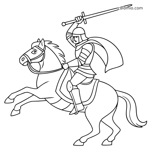 Eenvoudige lijntekening van een ridder te paard die een zwaard omhoog houdt en een wapperende cape draagt.