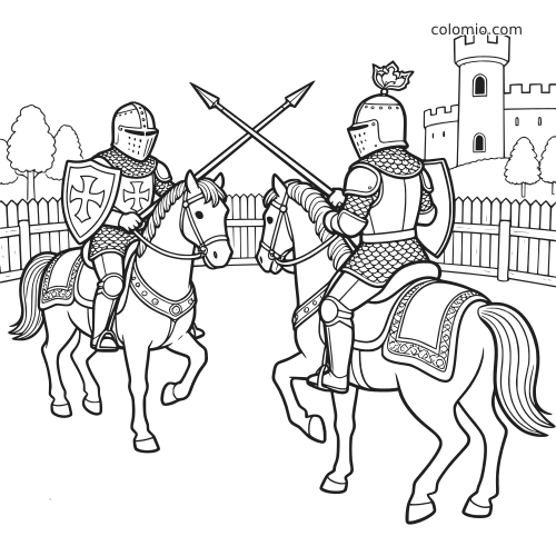 Twee ridders in harnas zitten op paarden en staan tegenover elkaar met gekruiste lansen bij een kasteel.