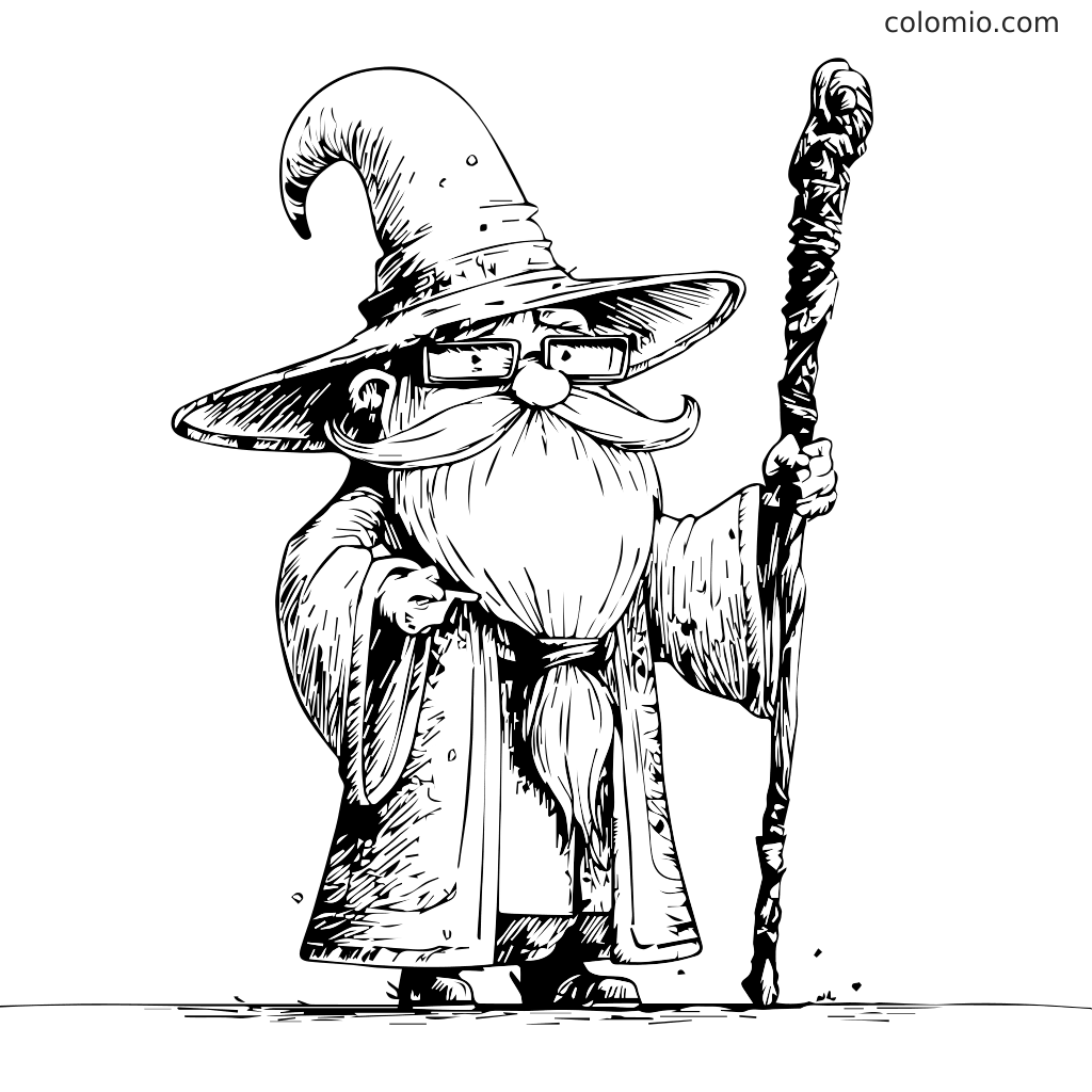 A whimsical wizard character with a long beard and hat holding a staff, ready for coloring.