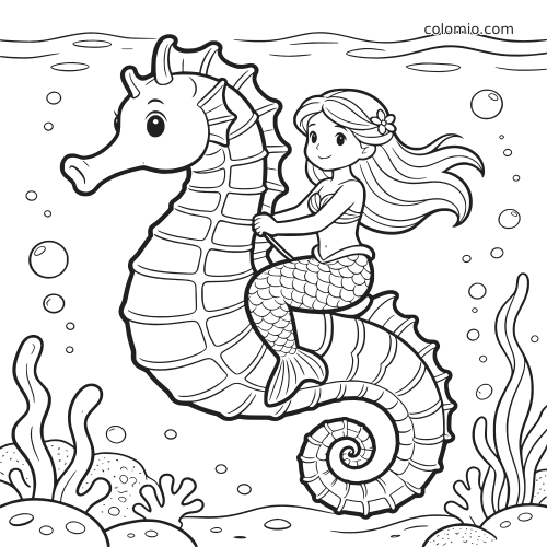 Uma sereia de cabelos longos monta em um cavalo-marinho gigante no fundo do mar, com bolhas e plantas marinhas ao redor.
