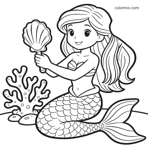 Sereia em estilo cartoon sentada no fundo do mar, segurando um espelho de concha e penteando o cabelo longo ao lado de corais.