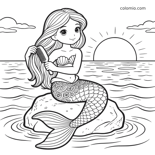 Uma sereia sentada em uma pedra ao pôr do sol penteia o cabelo comprido acima das ondas calmas do mar.