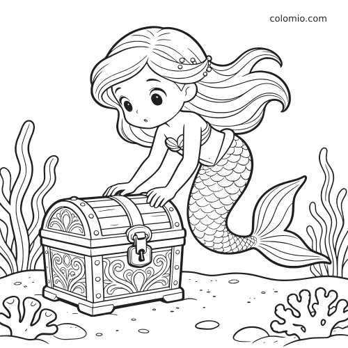 Uma sereia em estilo cartoon, com cabelos longos, se inclina sobre um baú do tesouro no fundo do mar, entre algas e corais.