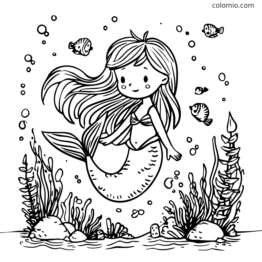 A cheerful mermaid swimming among fish and underwater plants, perfect for coloring.