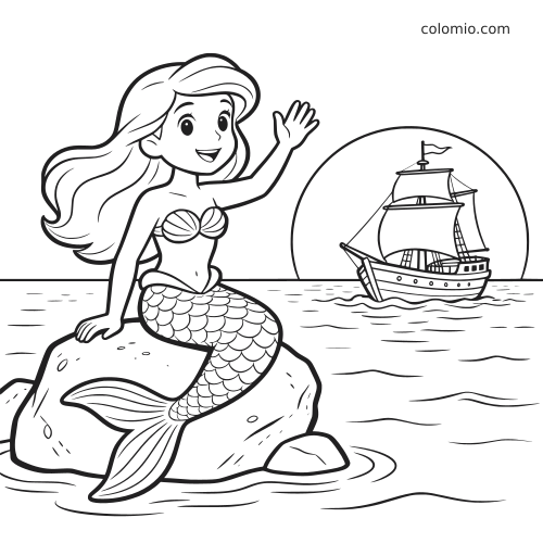Uma sereia sentada em uma pedra acena para um navio à vela no mar, com o sol se pondo ao fundo.