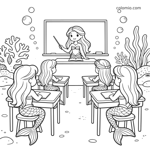 Cena de sala de aula subaquática com uma sereia professora no quadro e quatro crianças sereias sentadas nas carteiras.