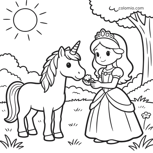En prinsesse i kjole mater en enhjørning med en blomst på en solrik eng, med et tre, sol og enkle tegneserieomriss.