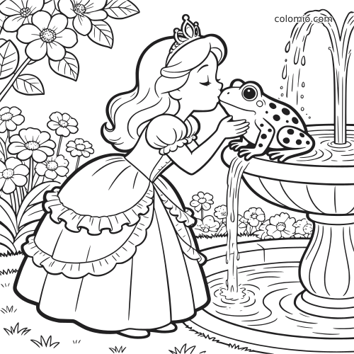 En prinsesse i kjole kysser en flekkete frosk ved en fontene, omgitt av blomster i enkel tegneseriestil.